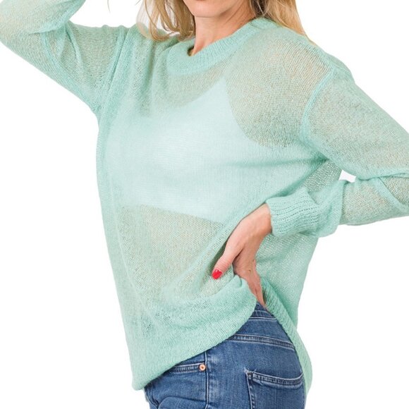Ultra Fine Round Neck Wool Sweater - Seafoam - Picture 8 of 9